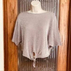 Knit striped beige/white top with tie bottom. Caution to the wind. Small